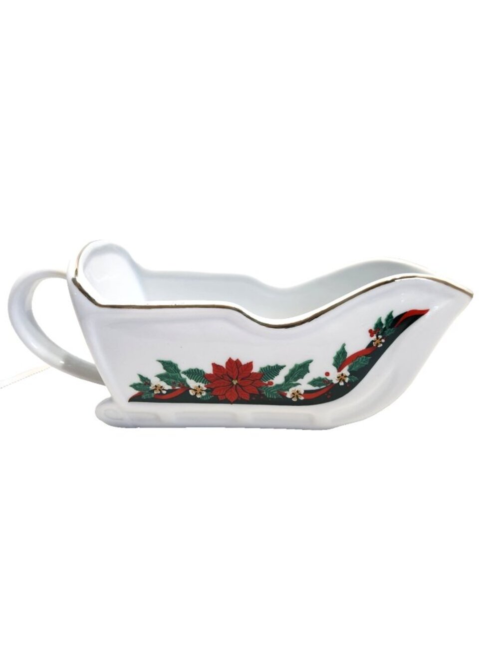 Vintage Tienshan Fine China Poinsetta & Ribbons Sleigh Gravy Boat